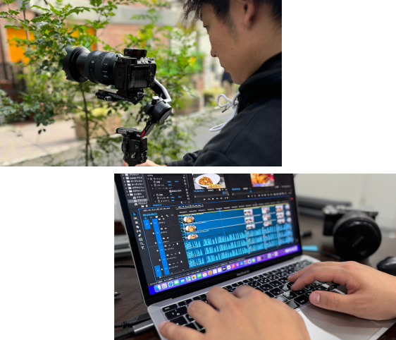 撮影と編集の両方の場面が写り、映像制作の過程を表現している構成。